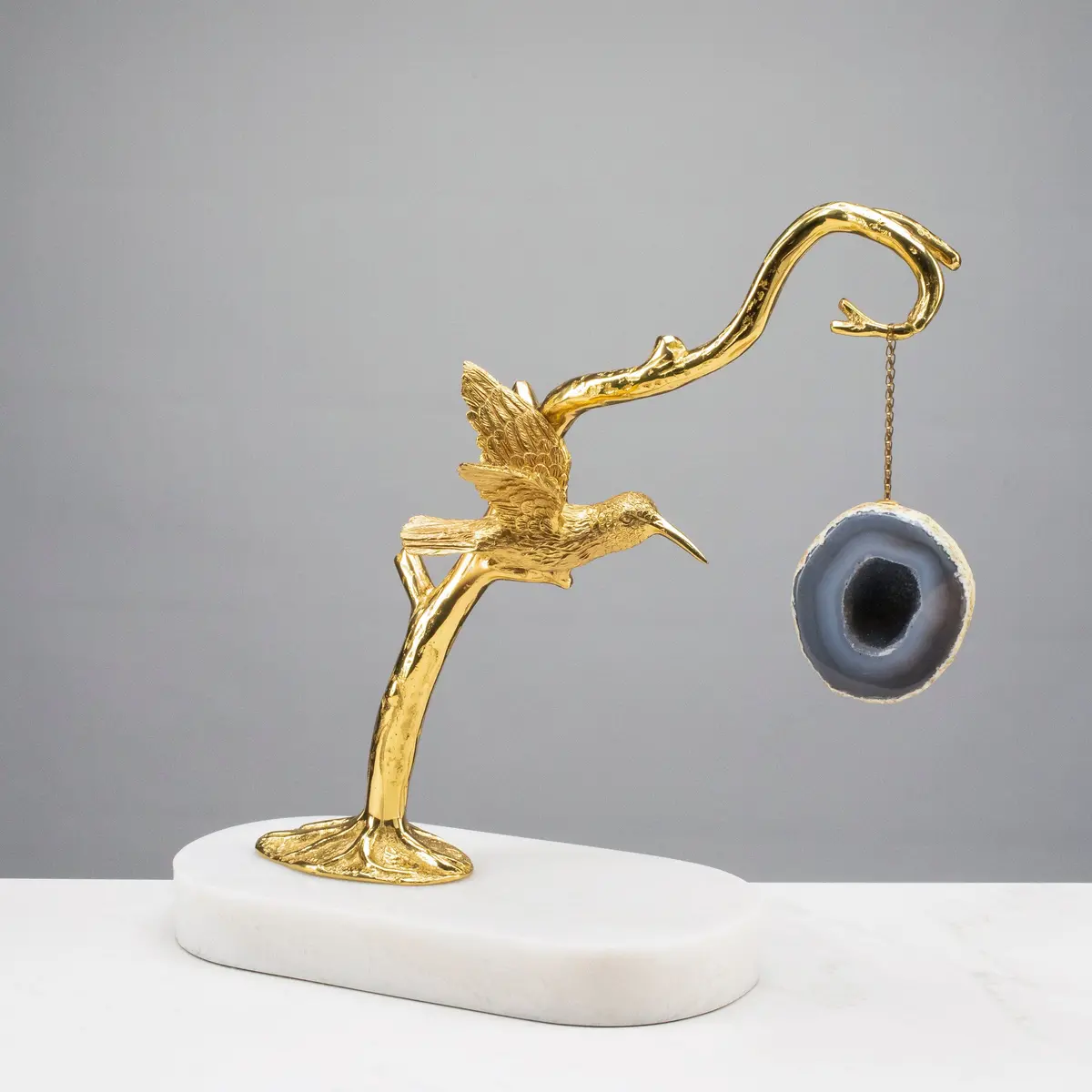 Brass Hummingbird On Marble Base With Agate Geode 1