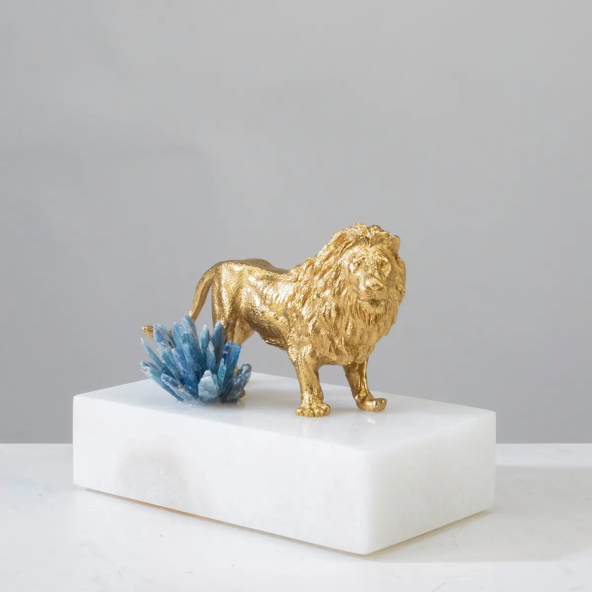 Brass Lion Carving With Blue Kyanite Cluster 1