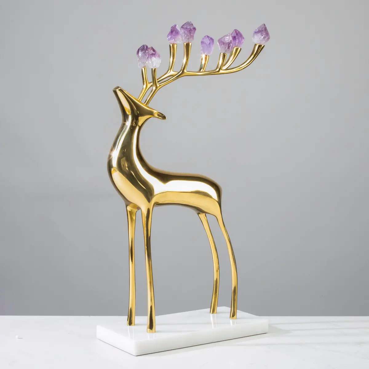 Brass Reindeer With Amethyst Antlers On Marble Base 1