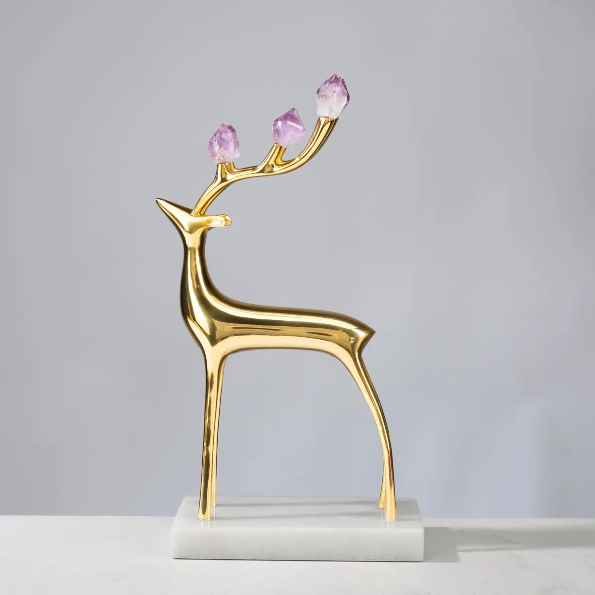 Brass Reindeer With Amethyst Antlers On Marble Base 1