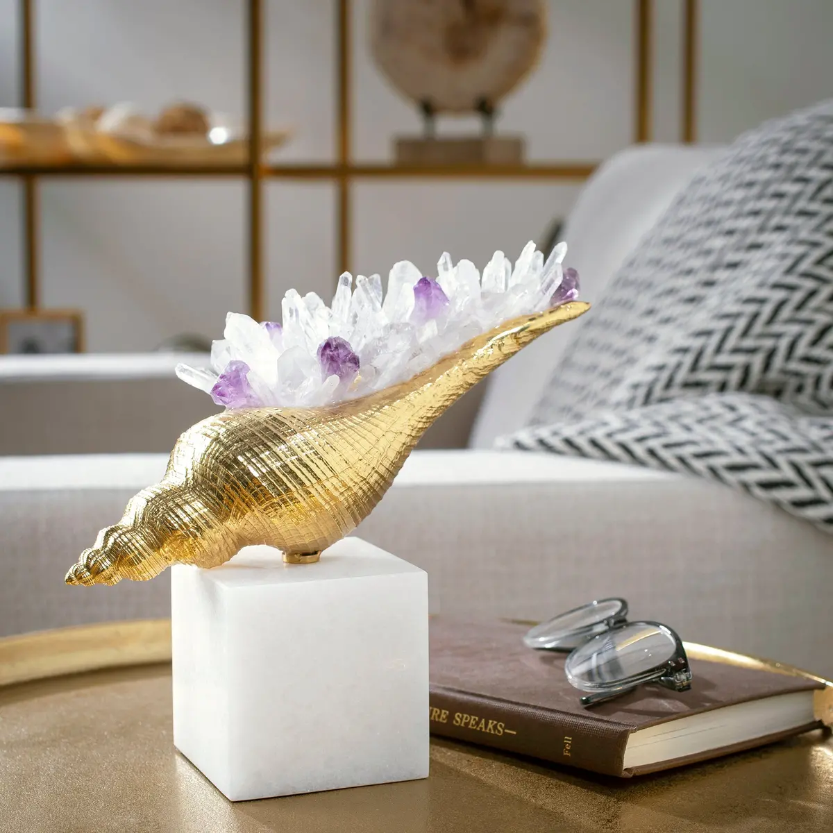 Brass Sea Shell With Quartz And Amethyst Cluster On Marble Base 1