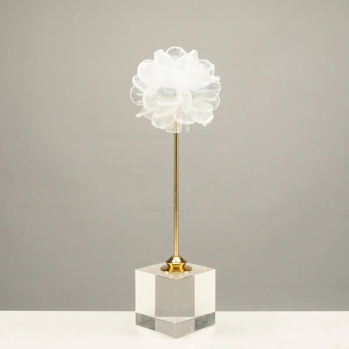 Selenite & Blue Celestite Flower On Brass And Acrylic Base - 15" 1