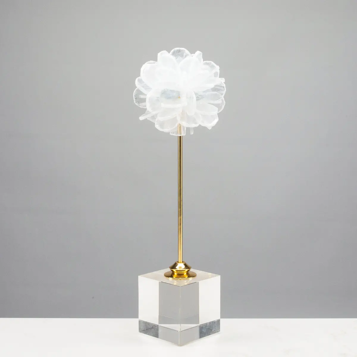 Selenite & Blue Celestite Flower On Brass And Acrylic Base - 18" 1