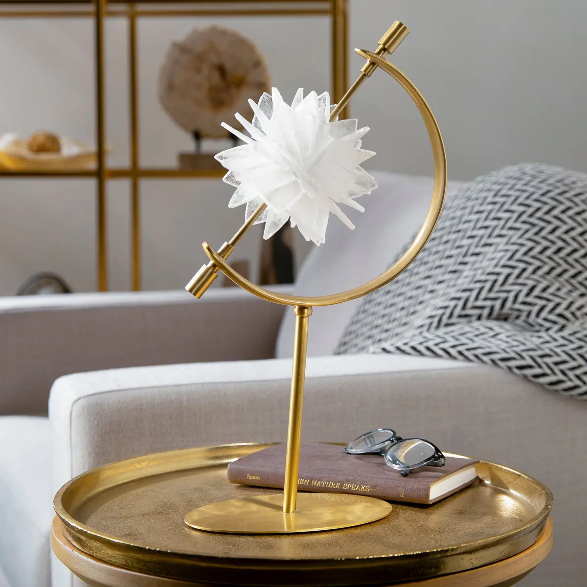 Selenite Flower On Arc Brass Stand 1