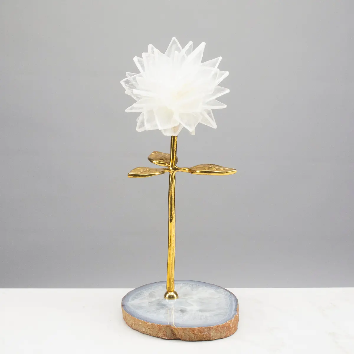 Selenite Flower With Brass Stem On Agate Base 1