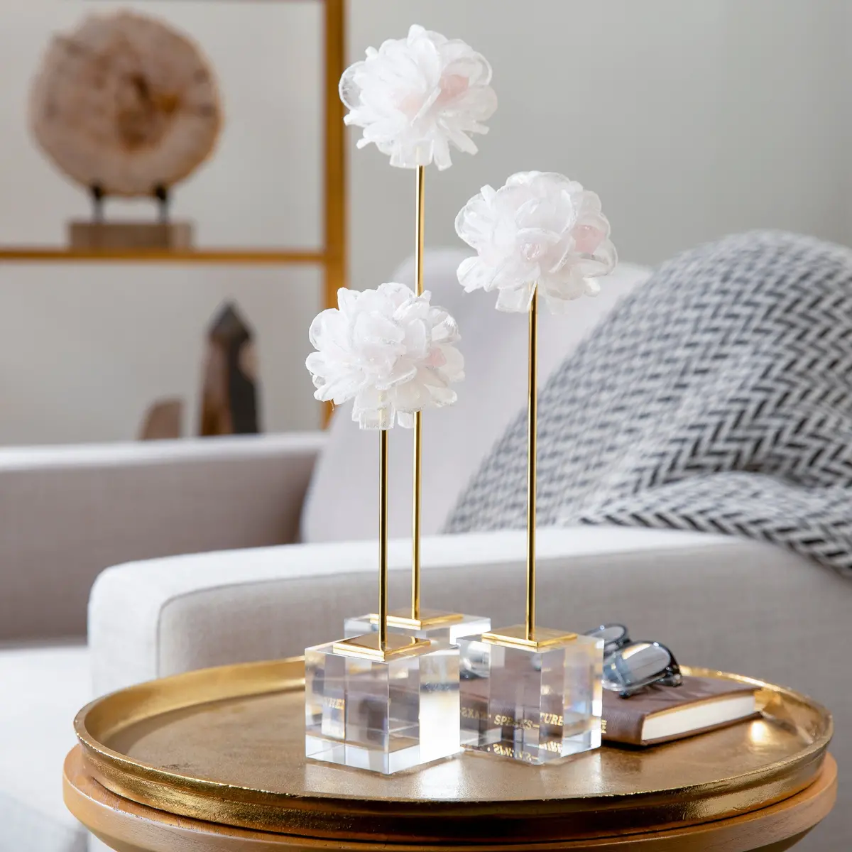 Selenite & Rose Quartz Flower Trio On Brass Stem & Acrylic Base 1
