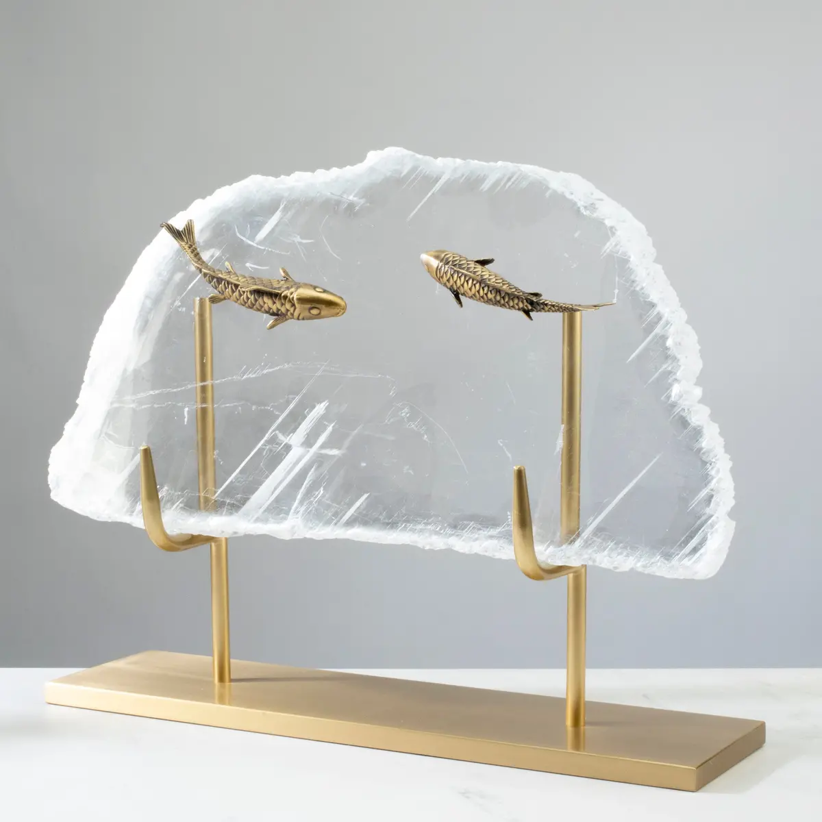 Fish On Selenite Slice With Brass Stand 1