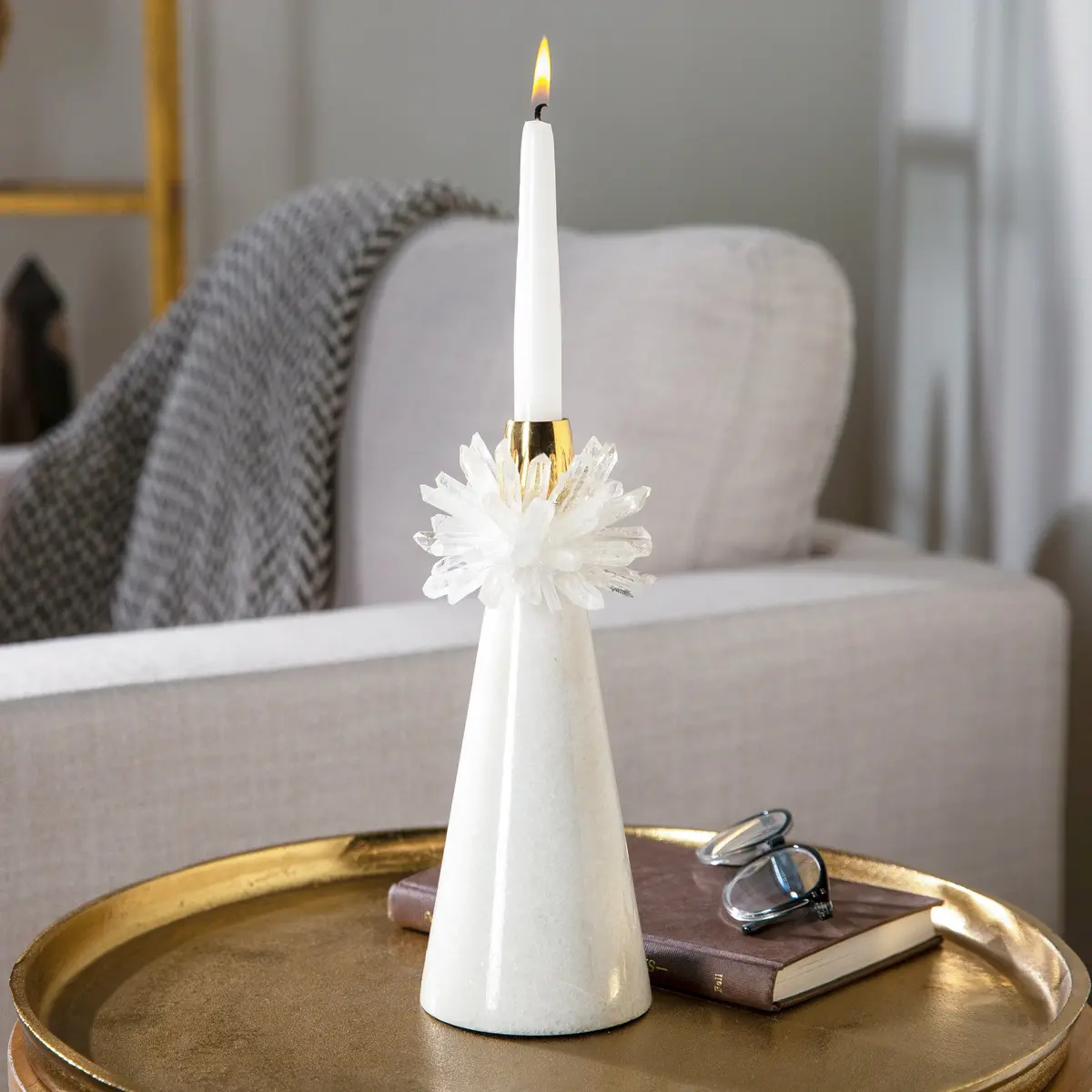 Quartz Cluster Candle Holder On Marble Base With Brass Ring 1