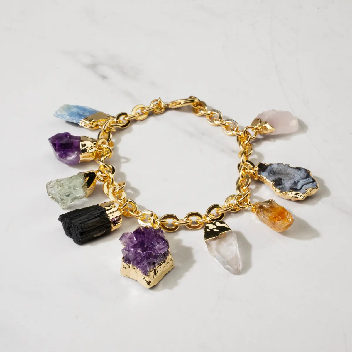 9 Stone Gold Tone Multi-Gem Charm Bracelet 1