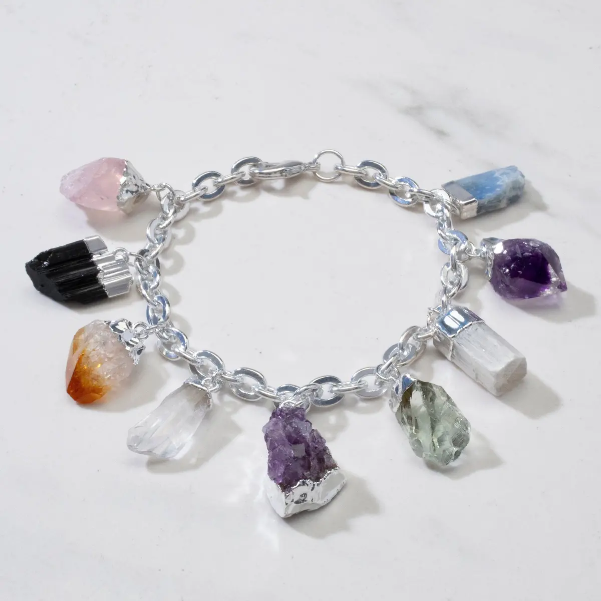 9 Stone Silver Tone Multi-Gem Charm Bracelet 1