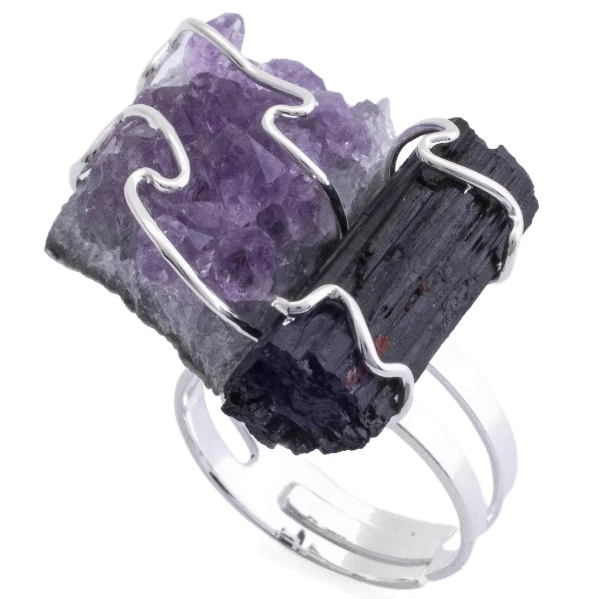 Amethyst And Black Tourmaline Adjustable Ring 1