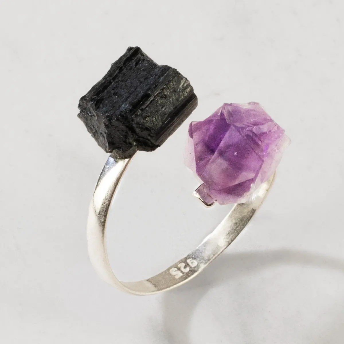 Amethyst & Black Tourmaline Adjustable Sterling Silver Ring 1