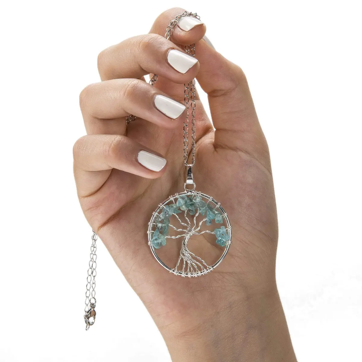 Aquamarine Chakra Gemstone Tree Of Life Necklace & Stainless Steel Chain 2