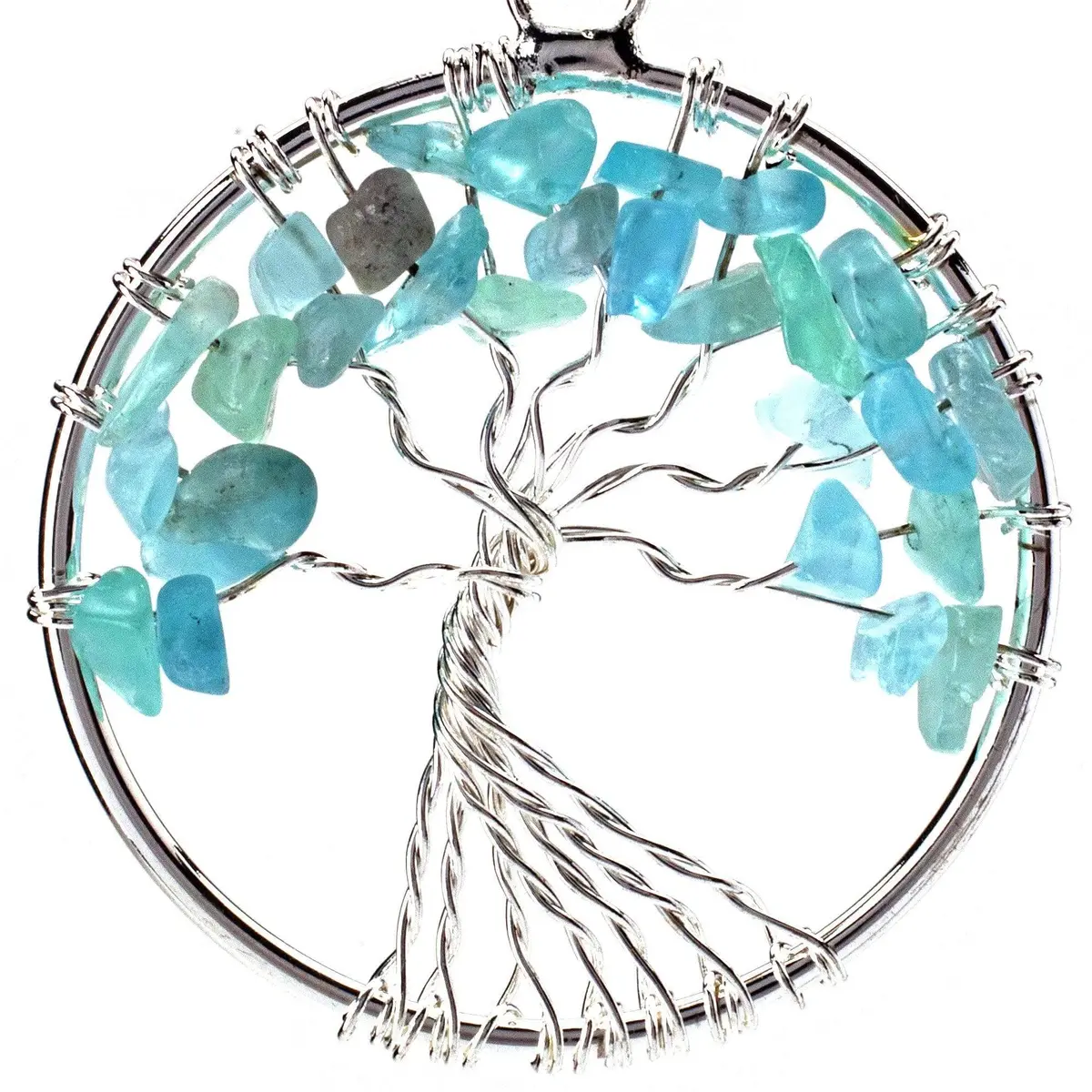 Aquamarine Chakra Gemstone Tree Of Life Necklace & Stainless Steel Chain 1