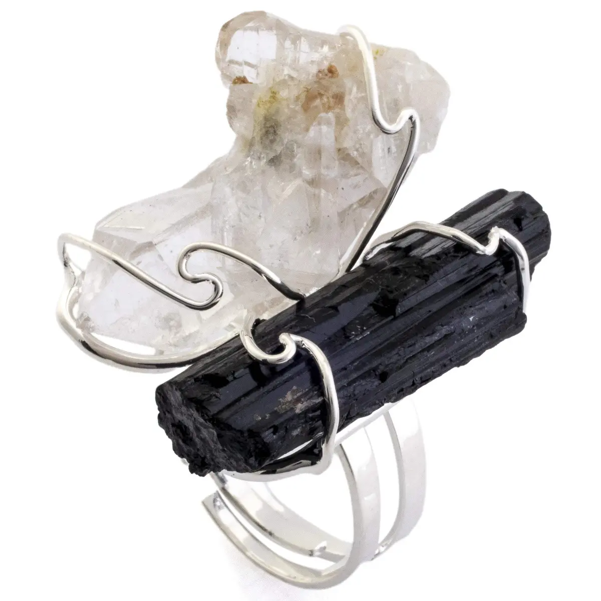 Clear Quartz And Black Tourmaline Adjustable Ring 1
