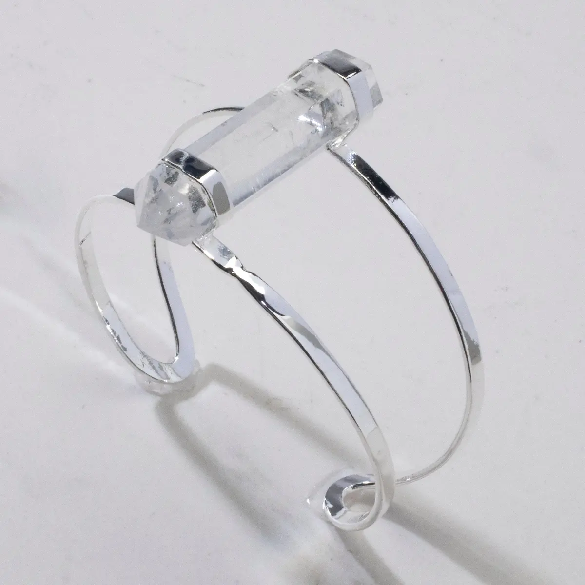 Double Terminated Clear Quartz Silver Cuff Bracelet 1