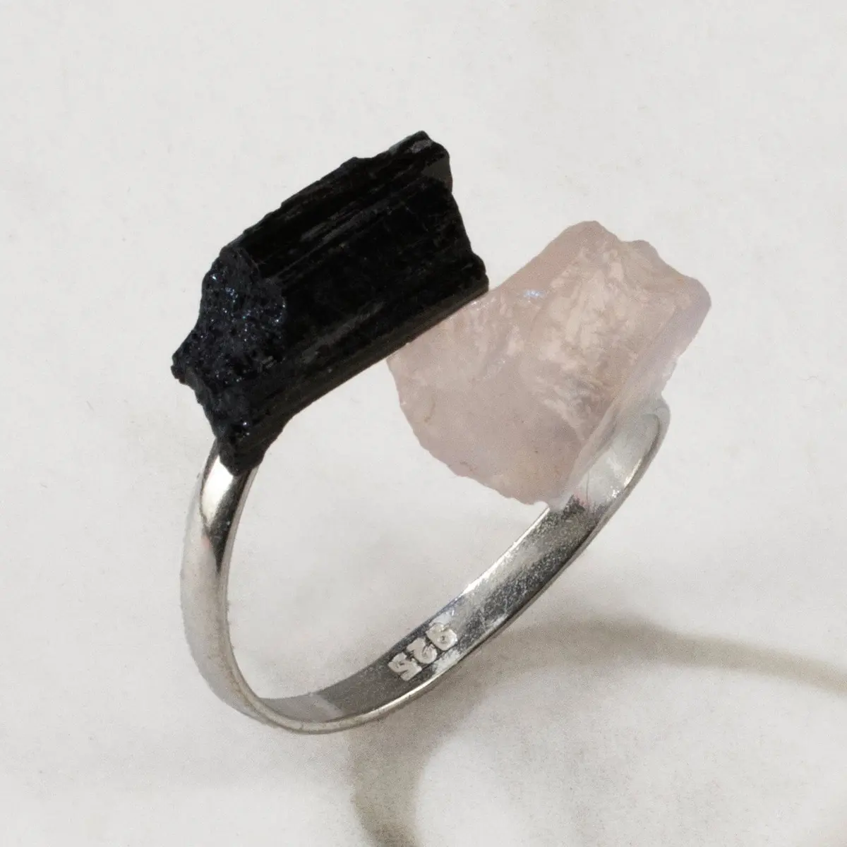Rose Quartz & Black Tourmaline Adjustable Sterling Silver Ring 1