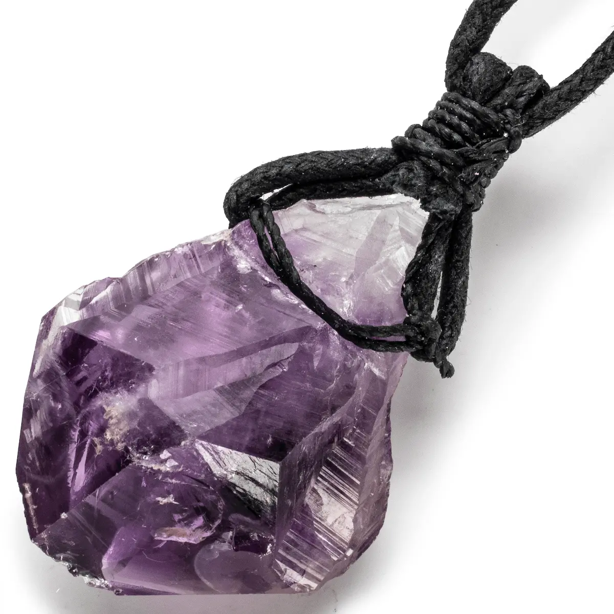 Raw Amethyst Healing Stone Pendant On Black Chord Necklace 1