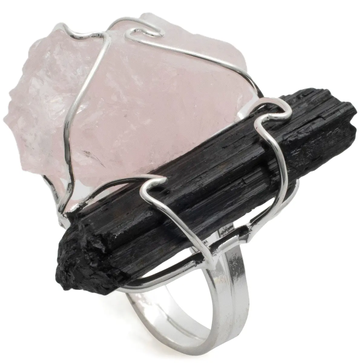 Rose Quartz And Black Tourmaline Adjustable Ring 1