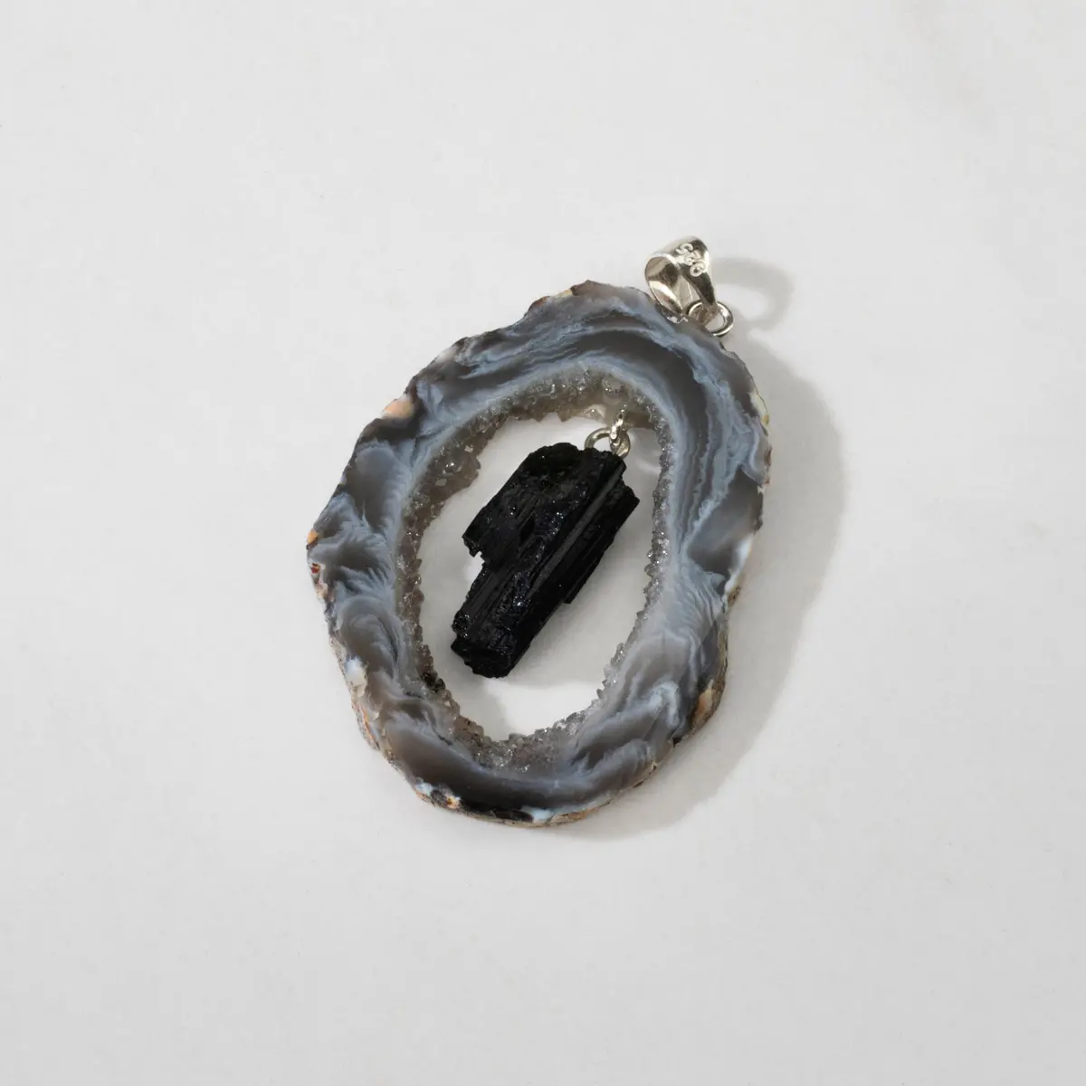 Sterling Silver Agate Pendant With Black Tourmaline Centerpiece 1