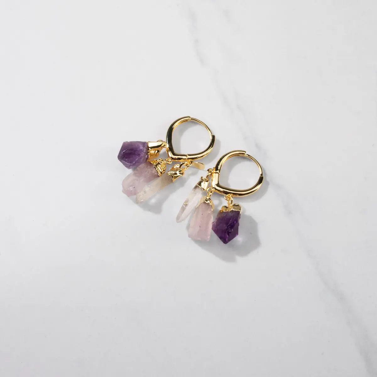 Amethyst, Rose Quartz, And Quartz Hoop Earrings 1