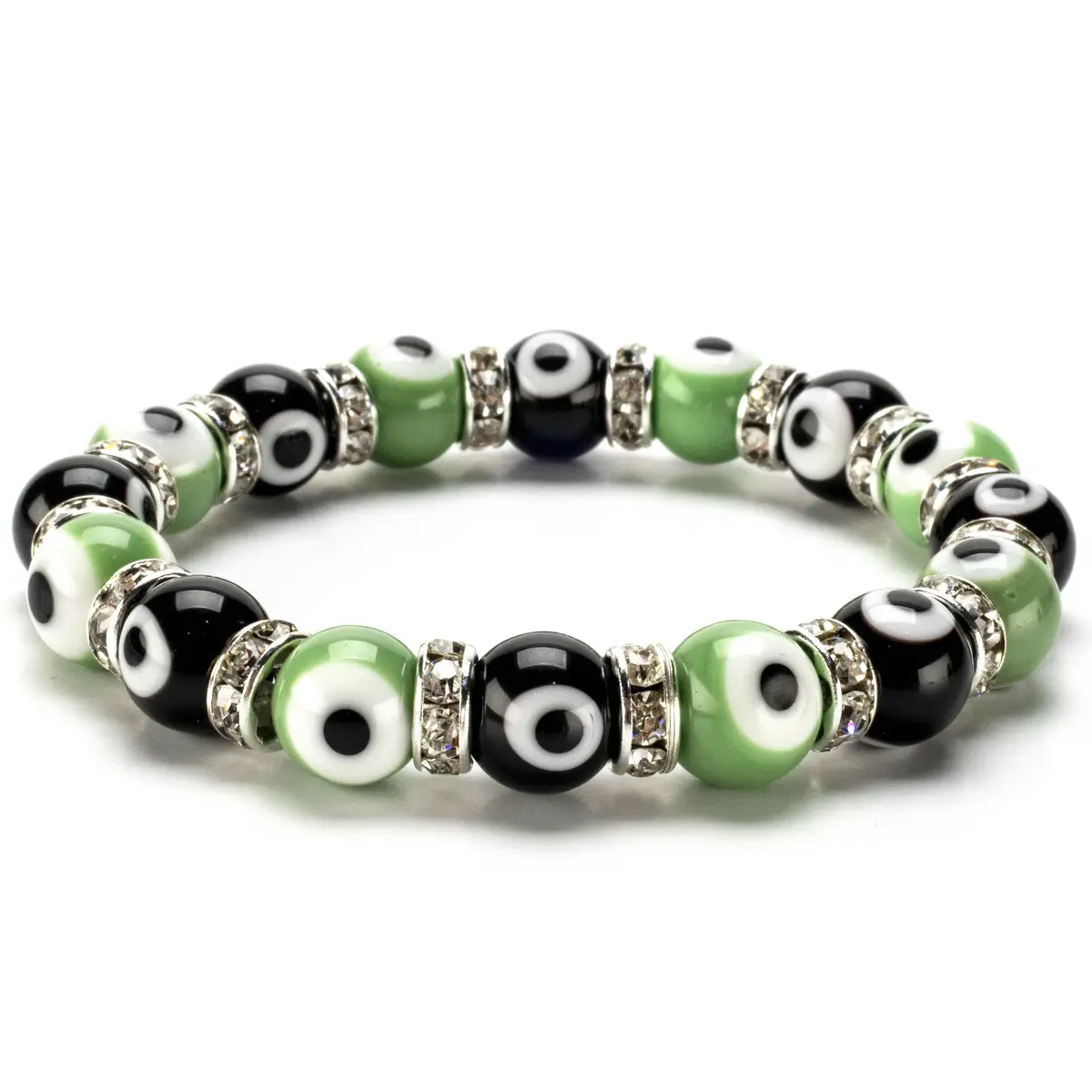 Black And Green Evil Eye Glass Bracelet With Cubic Zirconia Crystals 1