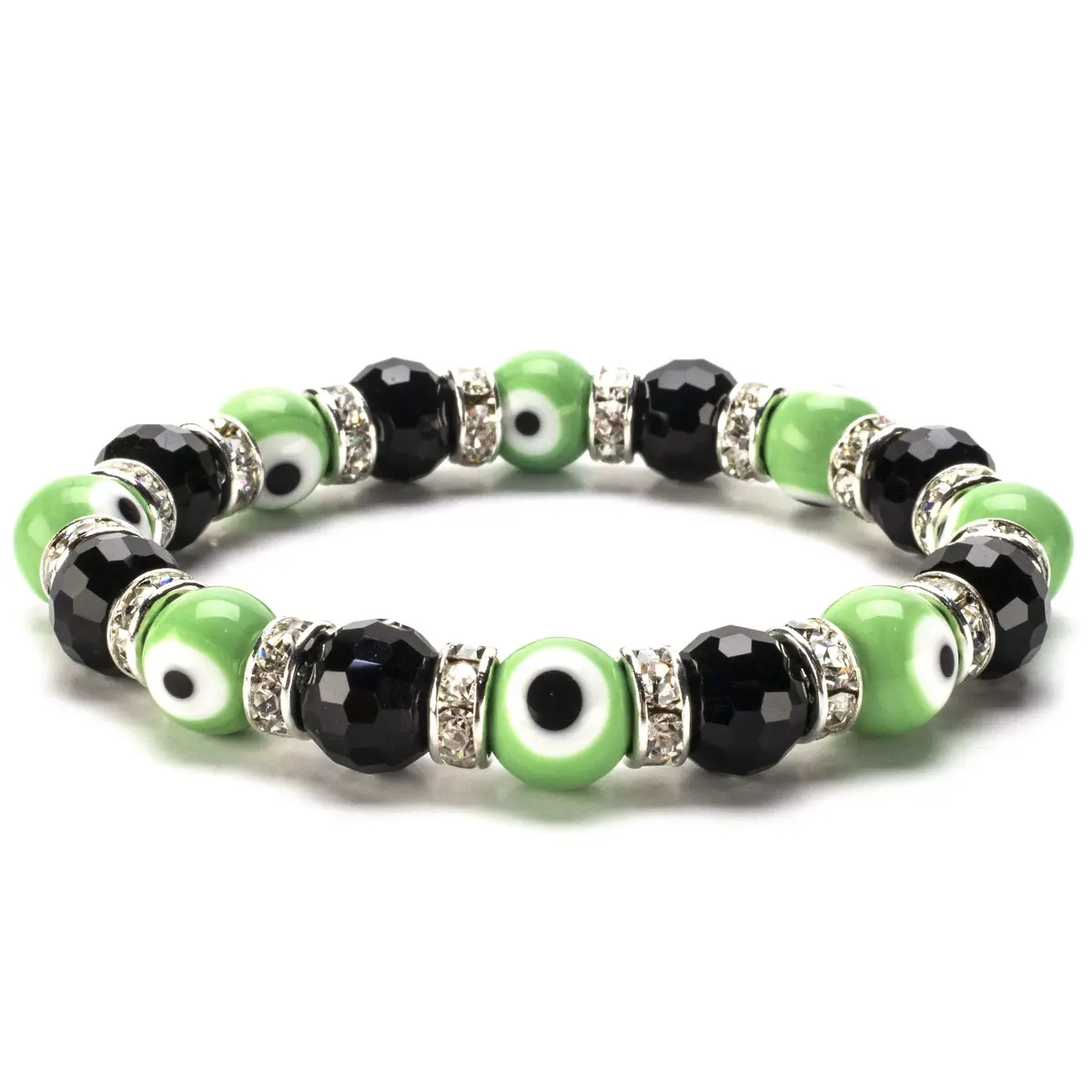 Black & Lime Evil Eye Glass Bracelet With Cubic Zirconia Crystals 1