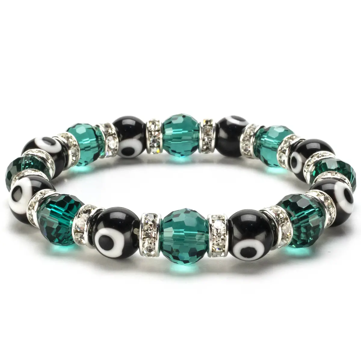 Emerald & Black Evil Eye Glass Bracelet With Cubic Zirconia Crystals 1
