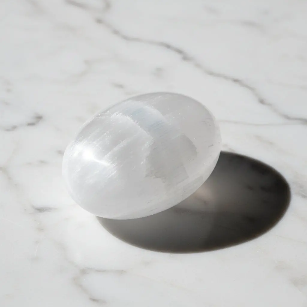 White Selenite Palm Worry & Healing Stone From Morocco 1