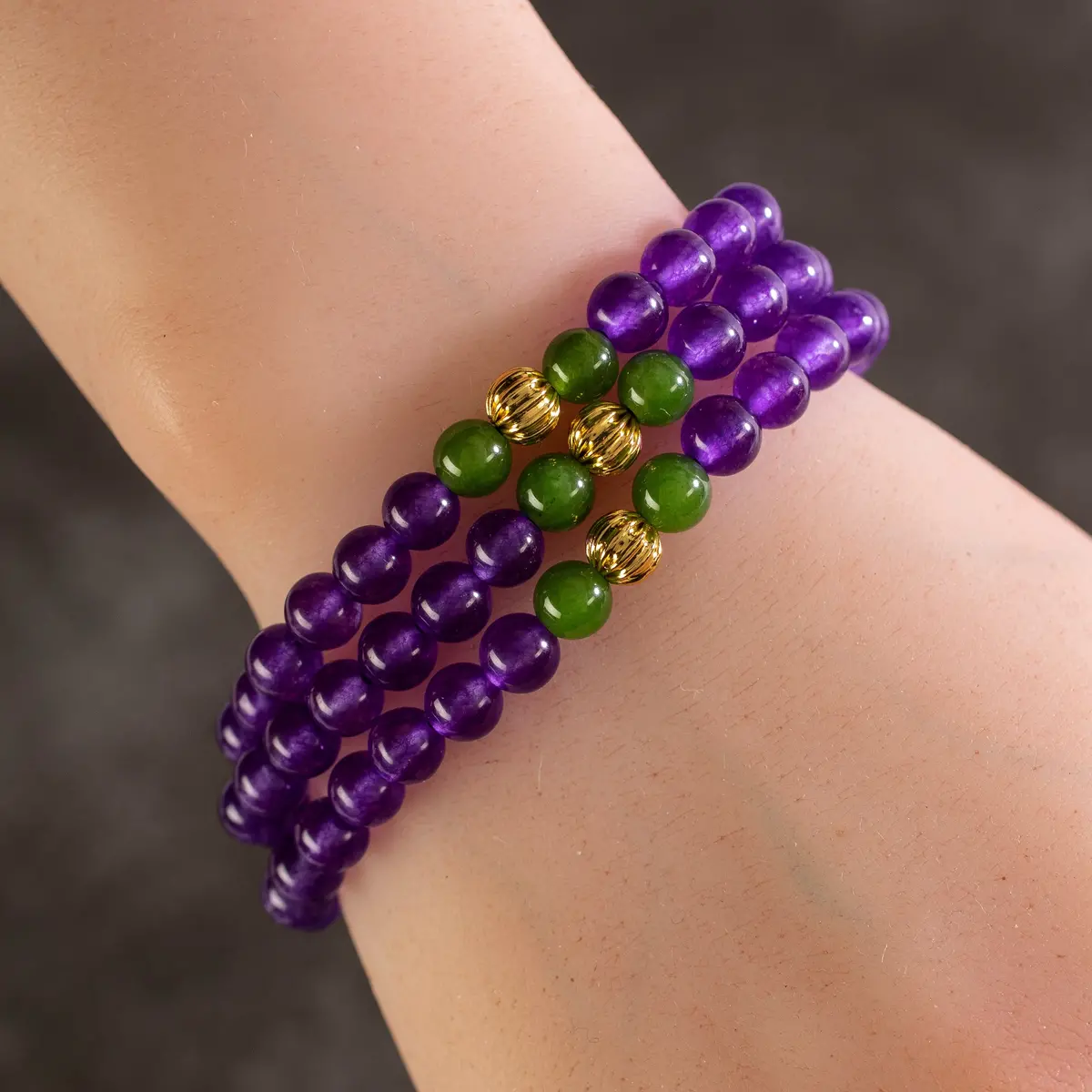 Amethyst 6Mm Beads With Aventurine And Gold Color Accent Beads Gemstone Triple Wrap Elastic Bracelet 1