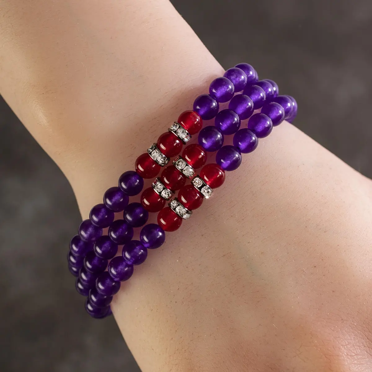 Amethyst 6Mm Beads With Strawberry Agate Crystal Accent Beads Triple Wrap Elastic Gemstone Bracelet 1