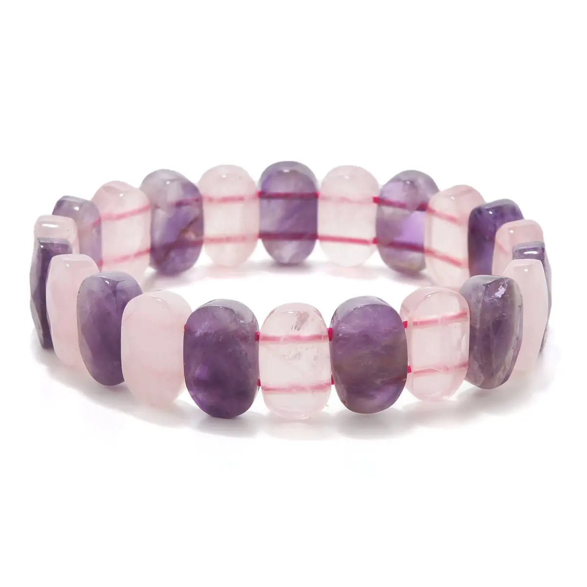 Amethyst And Rose Quartz 14Mm Gemstone Bead Elastic Bracelet 1