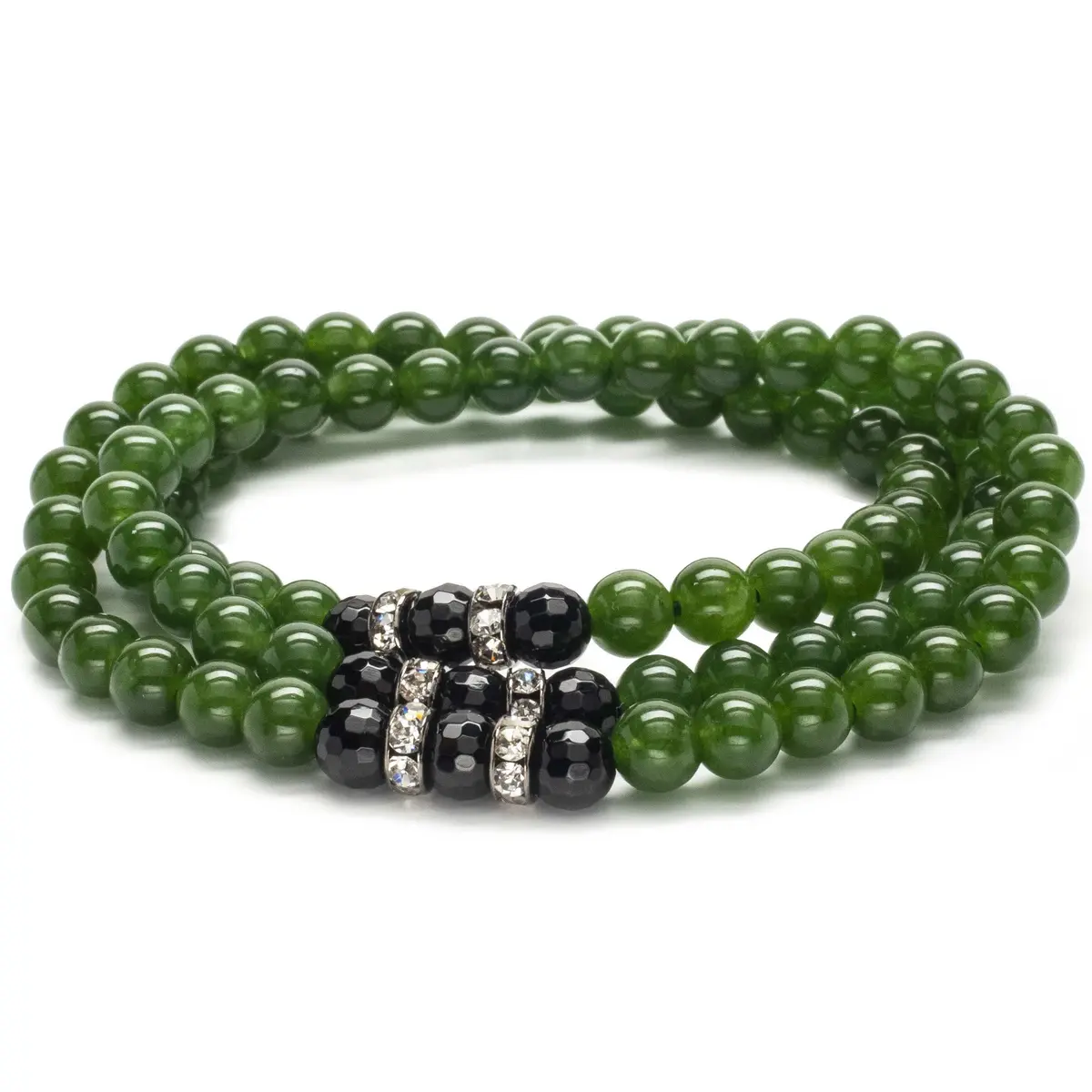 Aventurine 6Mm Beads With Black Agate And Crystal Accent Beads Triple Wrap Elastic Gemstone Bracelet 2