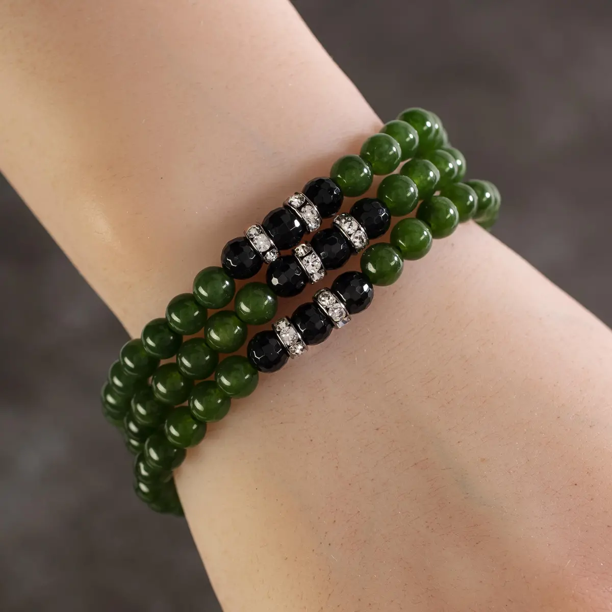 Aventurine 6Mm Beads With Black Agate And Crystal Accent Beads Triple Wrap Elastic Gemstone Bracelet 1