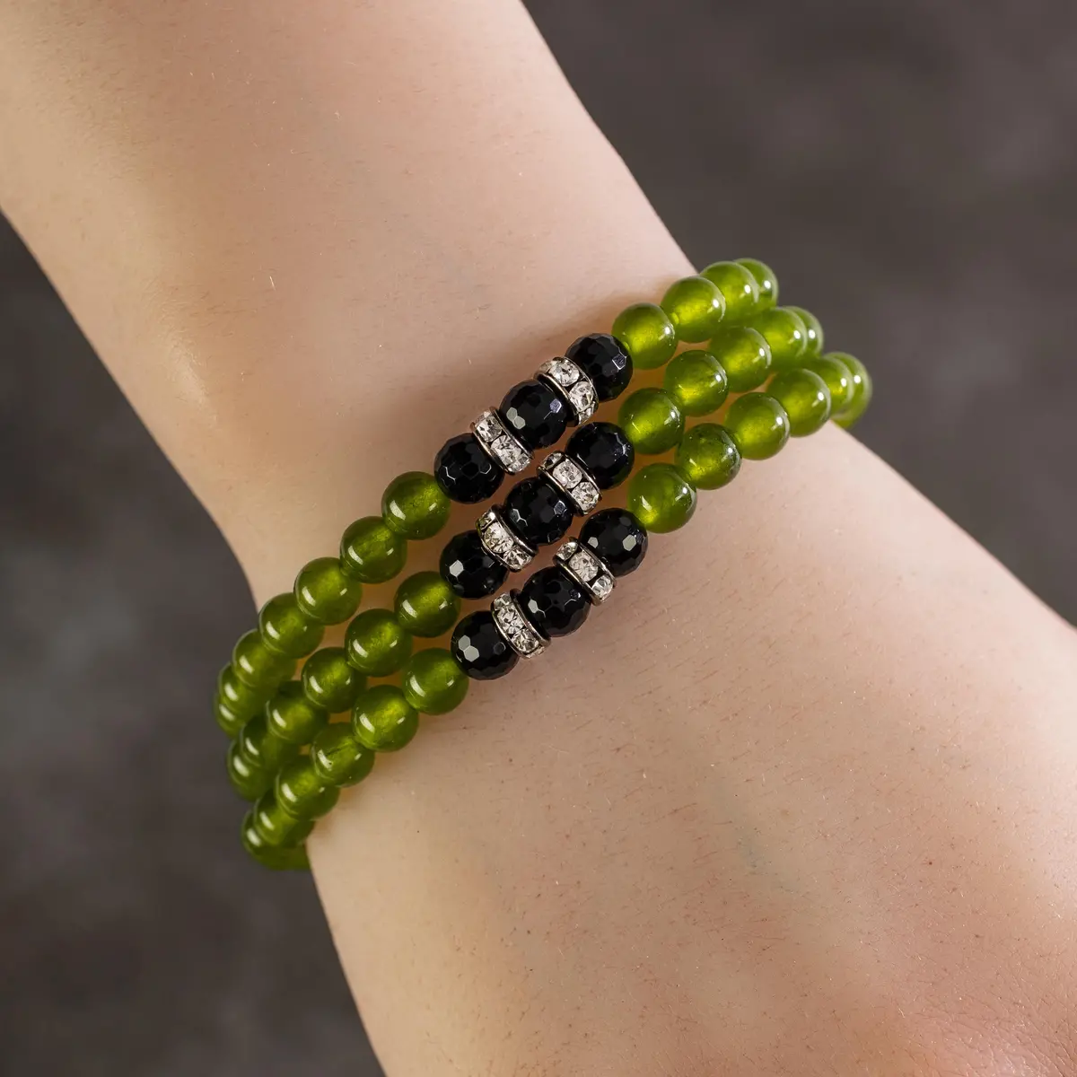 Aventurine 6Mm Beads With Black Agate And Crystal Accent Beads Triple Wrap Elastic Gemstone Bracelet 1