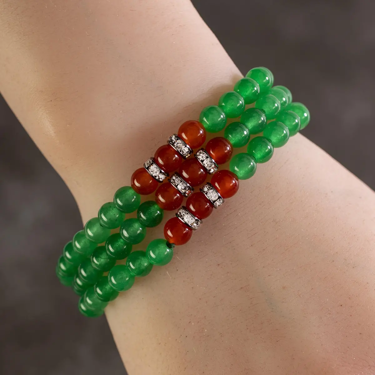 Aventurine 6Mm Beads With Carnelian And Silver Color Crystal Accent Beads Triple Wrap Elastic Gemstone Bracelet 1