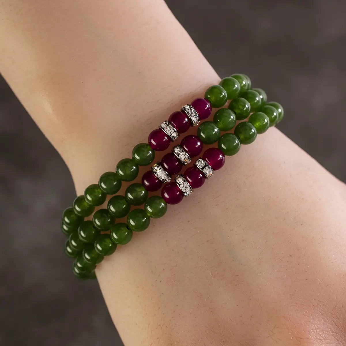 Aventurine 6Mm Beads With Fuchsia Agate Crystal Accent Beads Triple Wrap Elastic Gemstone Bracelet 1