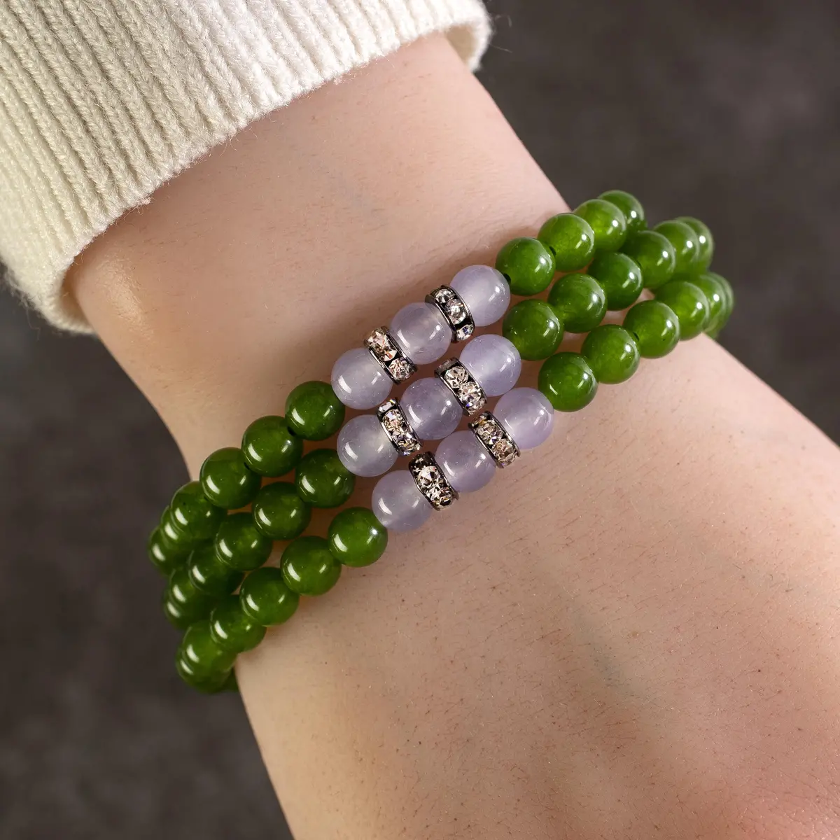 Aventurine 6Mm Beads With Lavender Agate And Crystal Accent Beads Gemstone Triple Wrap Bracelet 1