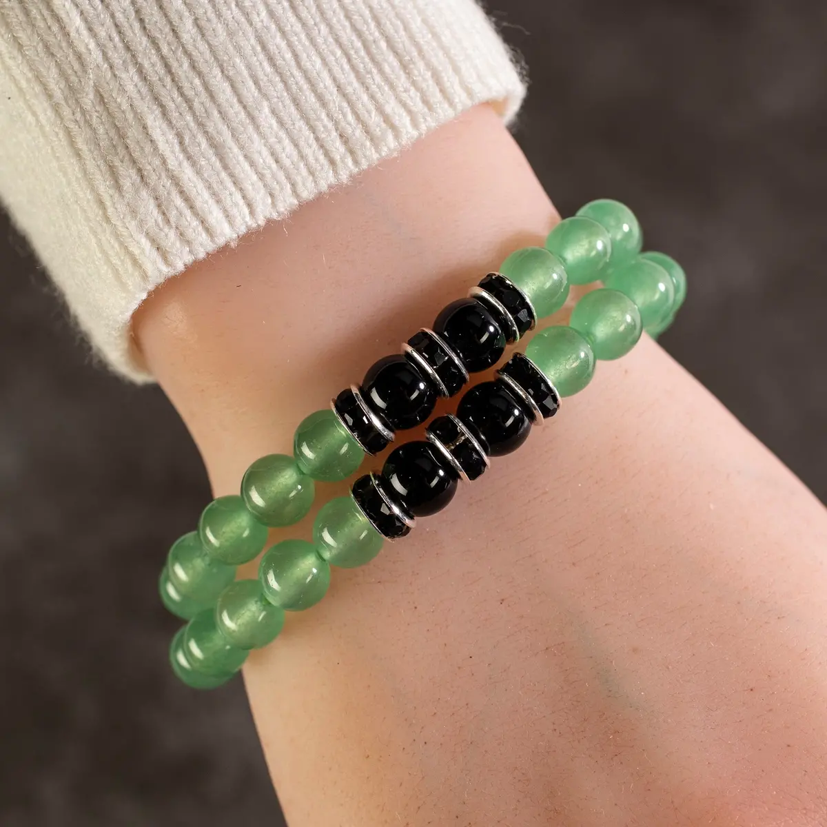 Aventurine 8Mm Beads With Black Agate And Black And Silver Accent Beads Double Wrap Elastic Gemstone Bracelet 1