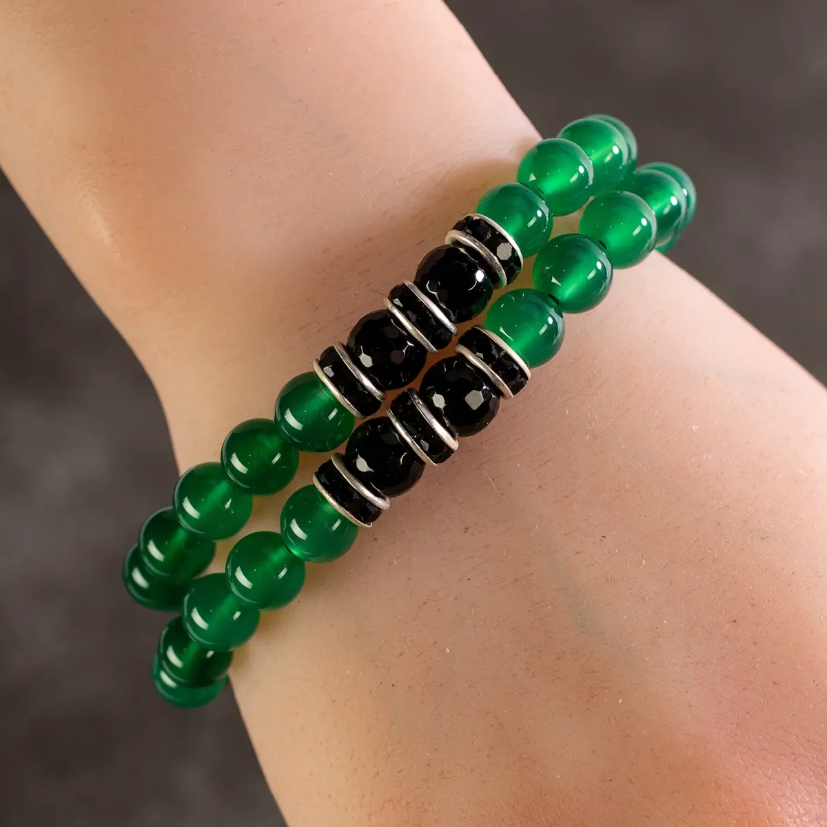 Aventurine 8Mm Beads With Black Agate And Black And Silver Accent Beads Double Wrap Elastic Gemstone Bracelet 1