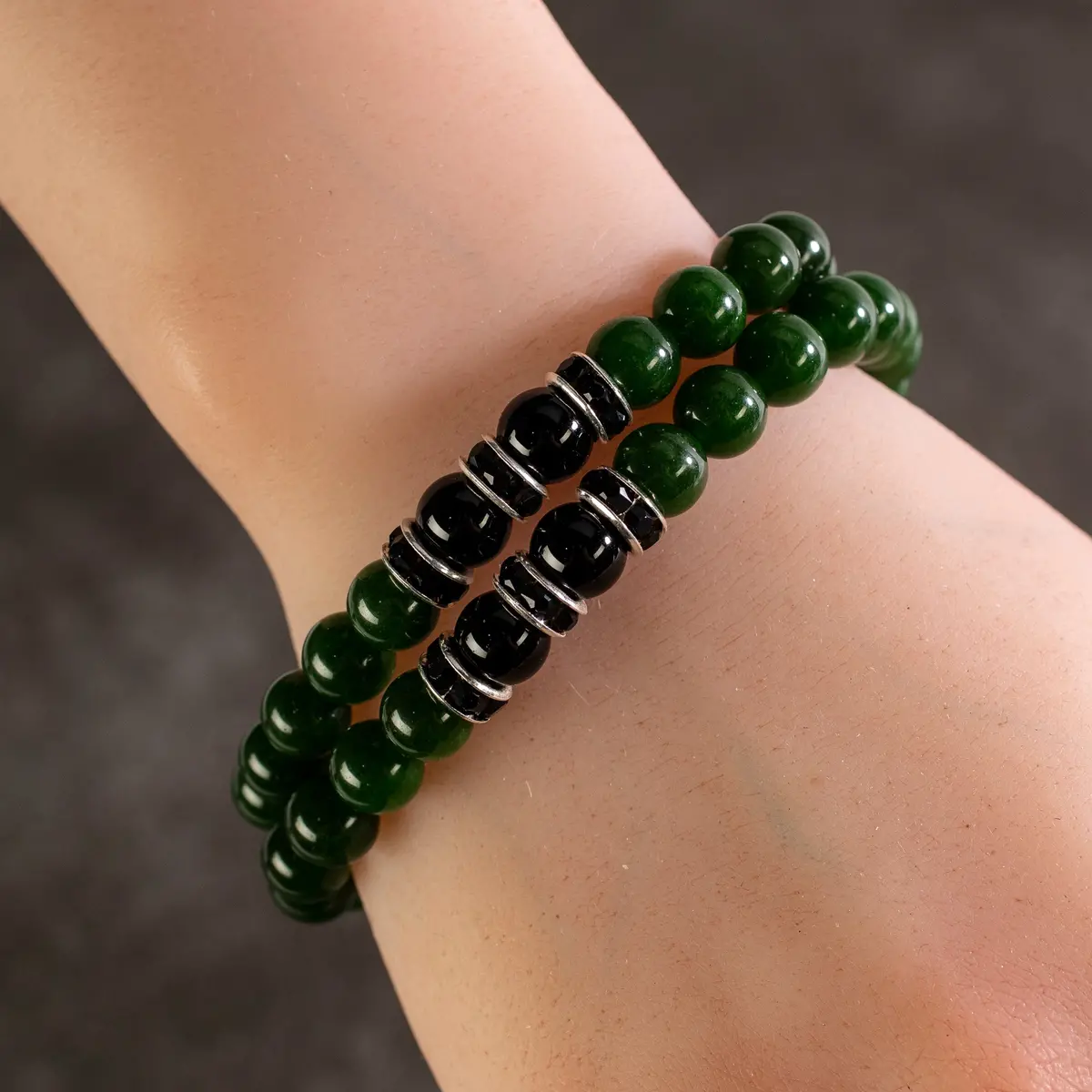 Aventurine 8Mm Beads With Black Agate And Black And Silver Accent Beads Double Wrap Elastic Gemstone Bracelet 1