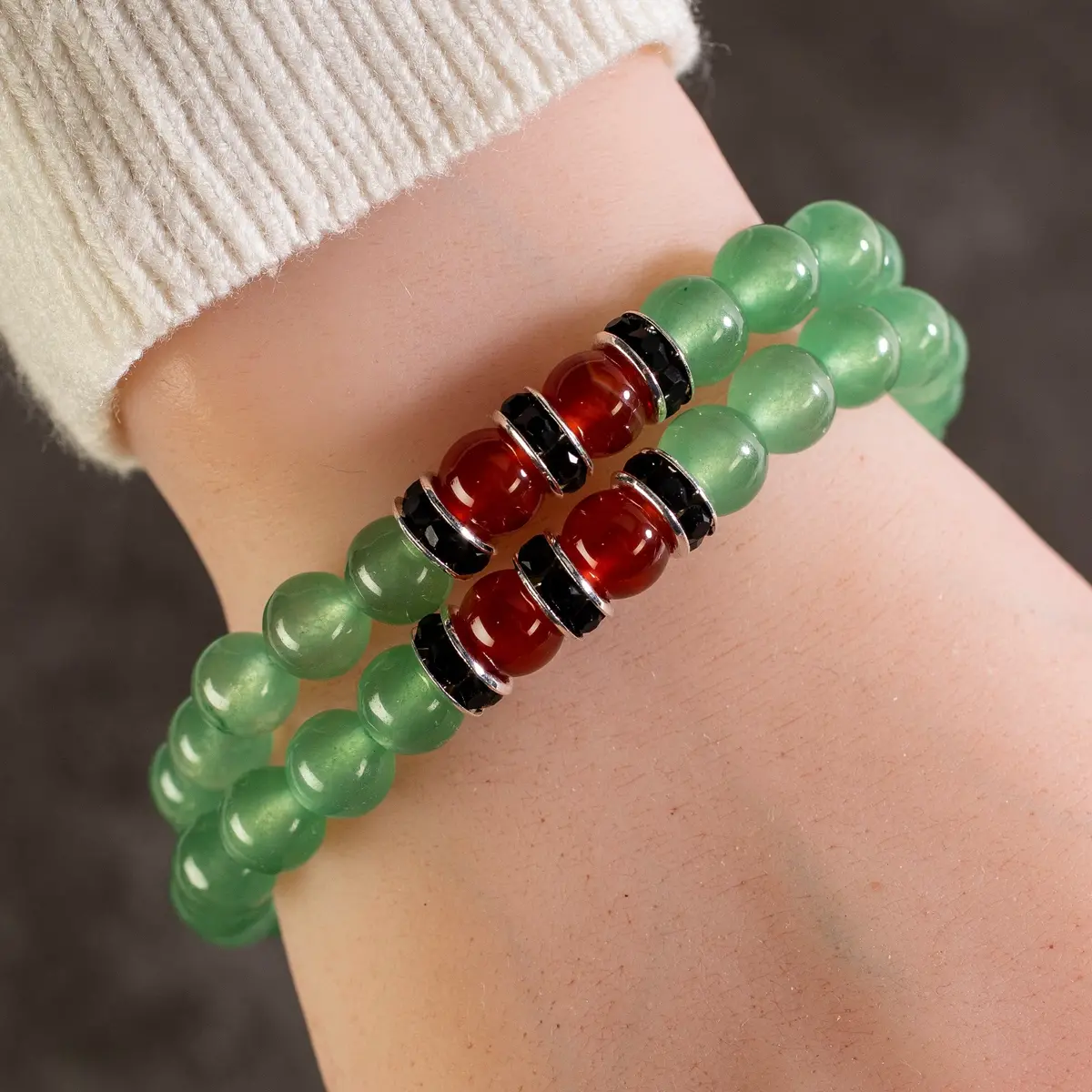 Aventurine 8Mm Beads With Carnelian And Black And Silver Accent Beads Double Wrap Elastic Gemstone Bracelet 1