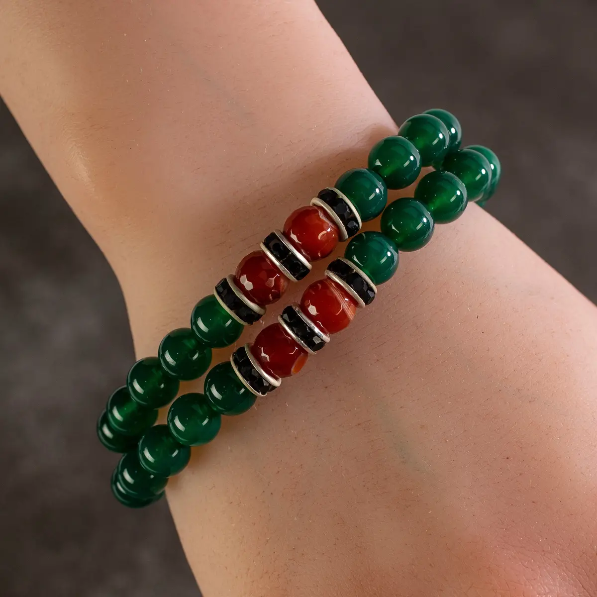 Aventurine  8Mm Beads With Carnellian And Black And Silver Accent Beads Double Wrap Elastic Gemstone Bracelet 1