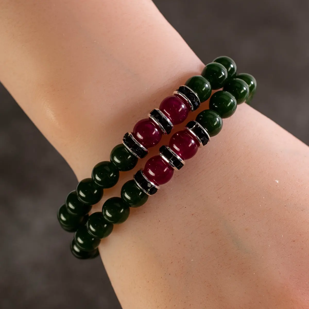 Aventurine 8Mm Beads With Fuchsia Agate And Black And Silver Accent Beads Double Wrap Elastic Gemstone Bracelet 1