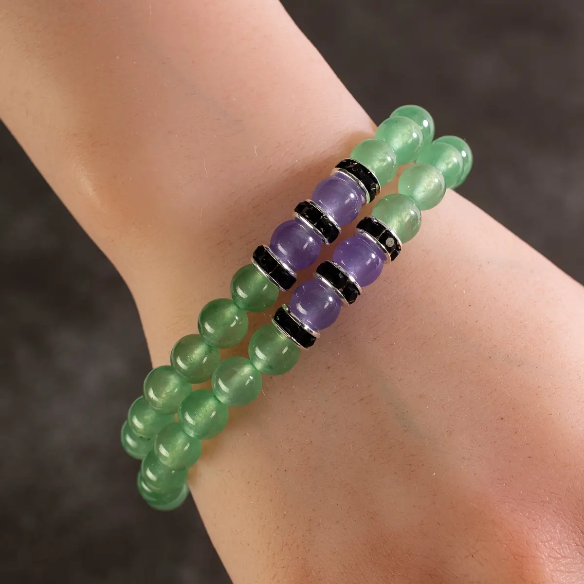 Aventurine 8Mm Beads With Purple Agate And Black And Silver Accent Beads Double Wrap Elastic Gemstone Bracelet 1