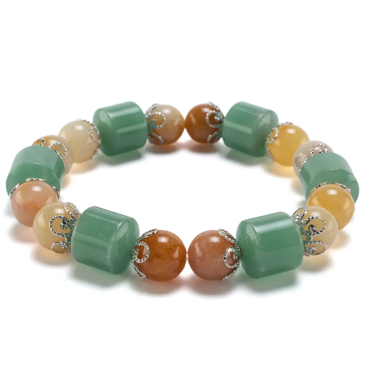 Aventurine And Butter Jade With Flower Design Accents Gemstone Elastic Bracelet 1