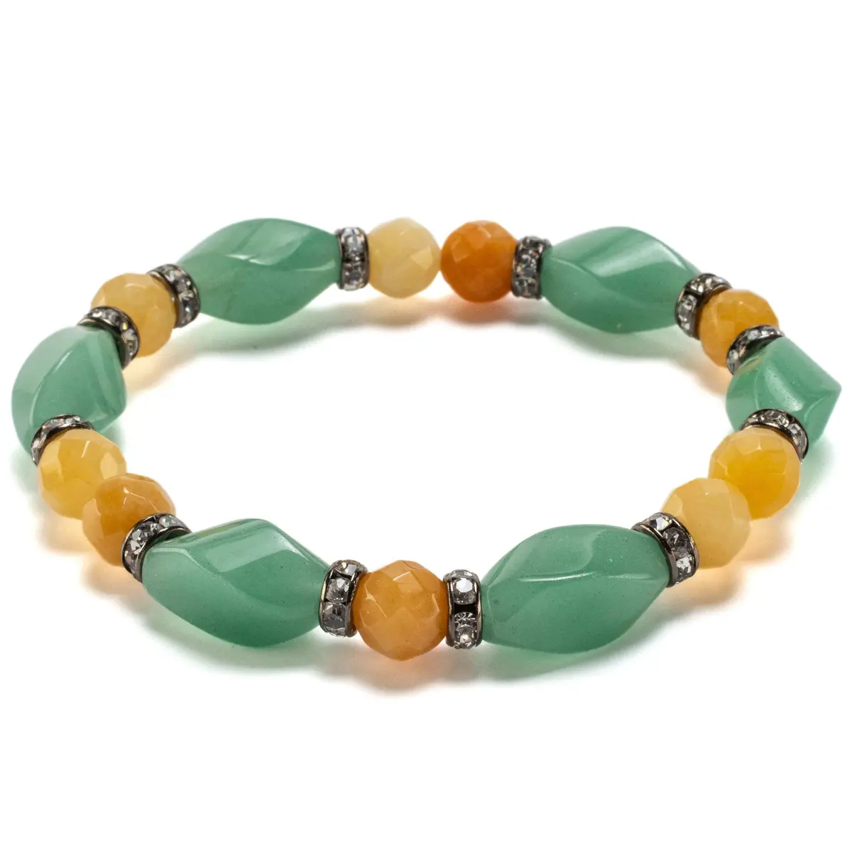 Aventurine Twisted Bead And Round Faceted Butter Jade With Crystal Accent Beads Gemstone Elastic Bracelet 1