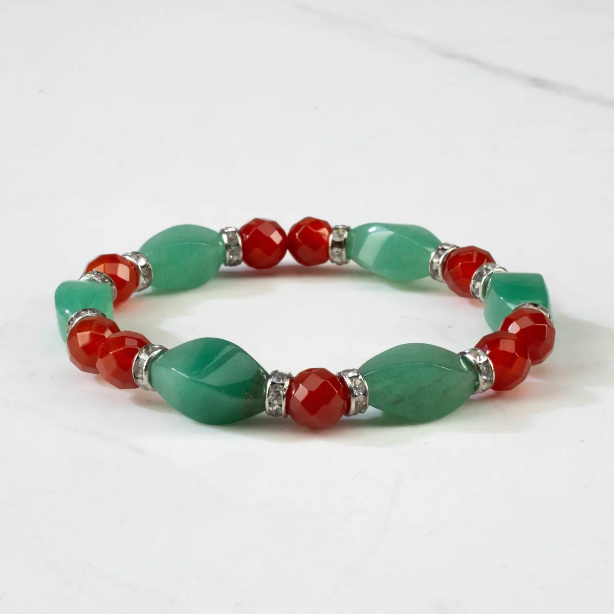 Aventurine Twisted Bead And Round Faceted Carnelian With Crystal Accent Beads Gemstone Elastic Bracelet 1
