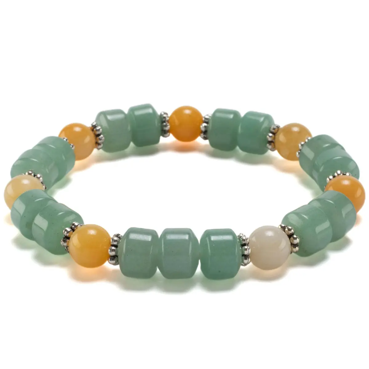 Aventurine Wheel Shaped Bead And Round Butter Jade With Crystal Accent Beads Gemstone Elastic Bracelet 1