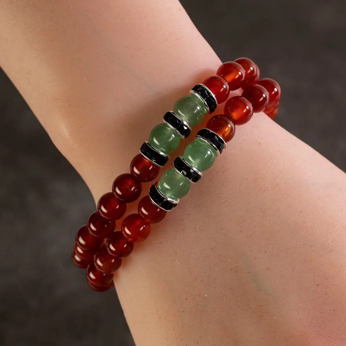 Beads With Aventurine And Crystal Accent Beads Triple Wrap Elastic Gemstone Bracelet 1